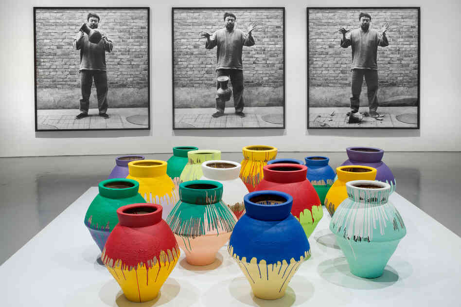 Ai's most controversial work involves altering revered objects, like these paint-covered ancient Chinese vases, or destroying them altogether, as shown in the photographic triptych, Dropping a Han Dynasty Urn.