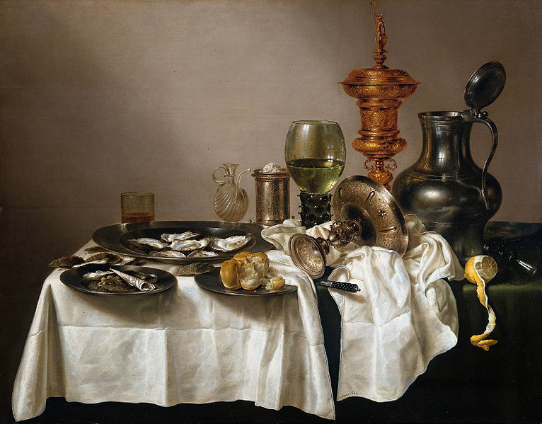 Still life with oysters, a rummer, a lemon and a silver bowl (1634), by Willem Claeszoon Heda