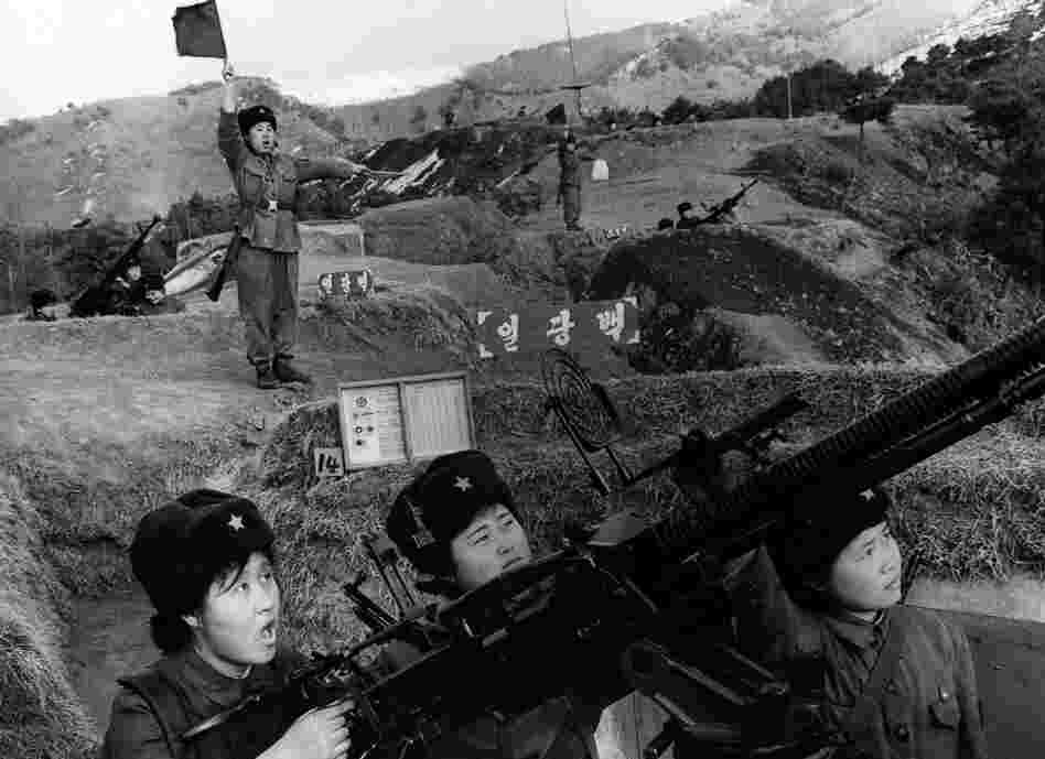Female members of the North Korea Worker-Peasant Red Guards undertake air defense training in 1970.