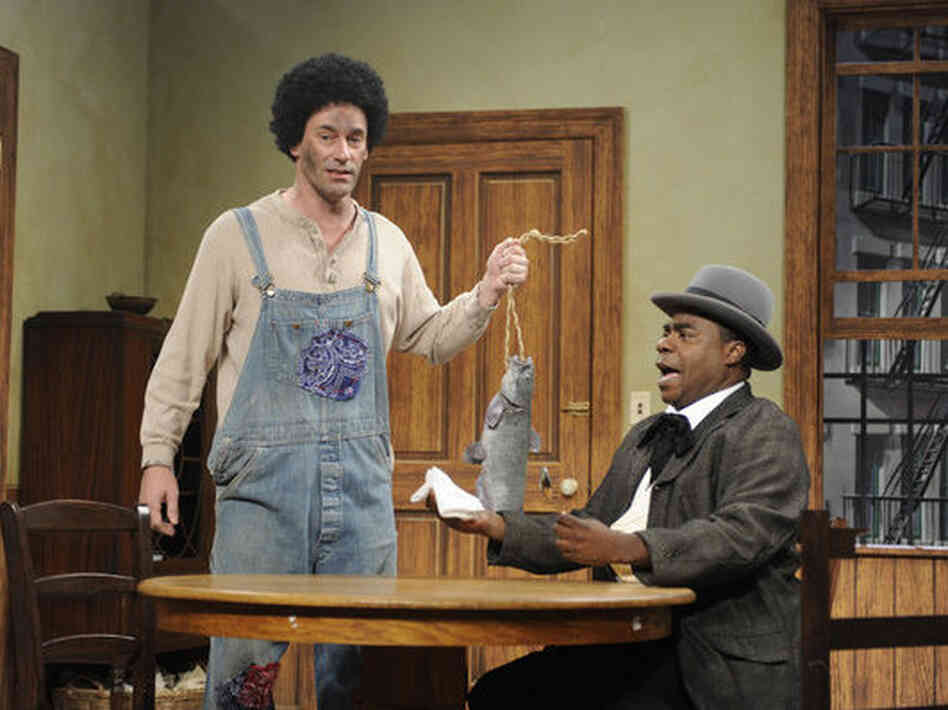 On on 30 Rock episode, Jon Hamm and Tracy Morgan appeared together in a sketch about racial stereotyping. On on 30 Rock episode, Jon Hamm and Tracy Morgan appeared together in a sketch about racial stereotyping.