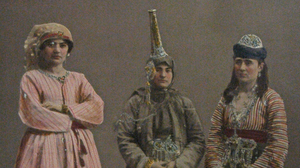Photographs from a book published by the Ottoman Imperial Commission for the World's Fair in 1873 illustrate Syria's diverse cultures. Here, an Arab woman (left) and a Druze woman (center) stand with another woman; all are from Damascus.