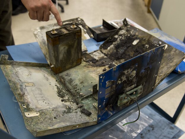 This Boeing 787 battery case was damaged in a fire in Boston earlier this month. The state-of-the-art aircraft is still grounded, as the investigation of the fire's cause continues.