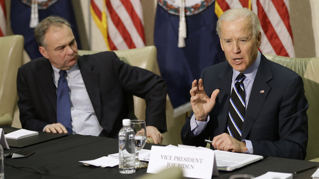 Vice President Joe Biden participates in a round-table discussion on gun violence at Virginia Commonwealth University with Sen. Tim Kaine, D-Va., on Friday. The panelists included people who worked on gun safety after the 2007 Virginia Tech shooting.