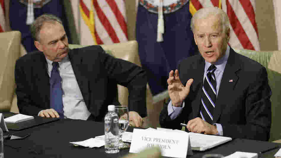 Vice President Joe Biden participates in a round-table discussion on gun violence at Virginia Commonwealth University with Sen. Tim Kaine, D-Va., on Friday. The panelists included people who worked on gun safety after the 2007 Virginia Tech shooting.