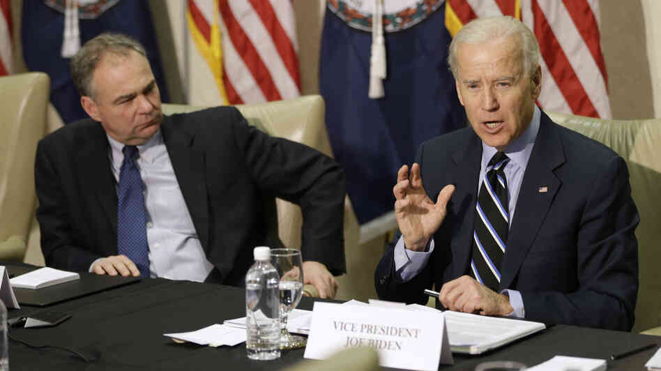Vice President Joe Biden participates in a round-table discussion on gun violence at Virginia Commonwealth University with Sen. Tim Kaine, D-Va., on Friday. The panelists included people who worked on gun safety after the 2007 Virginia Tech shooting.