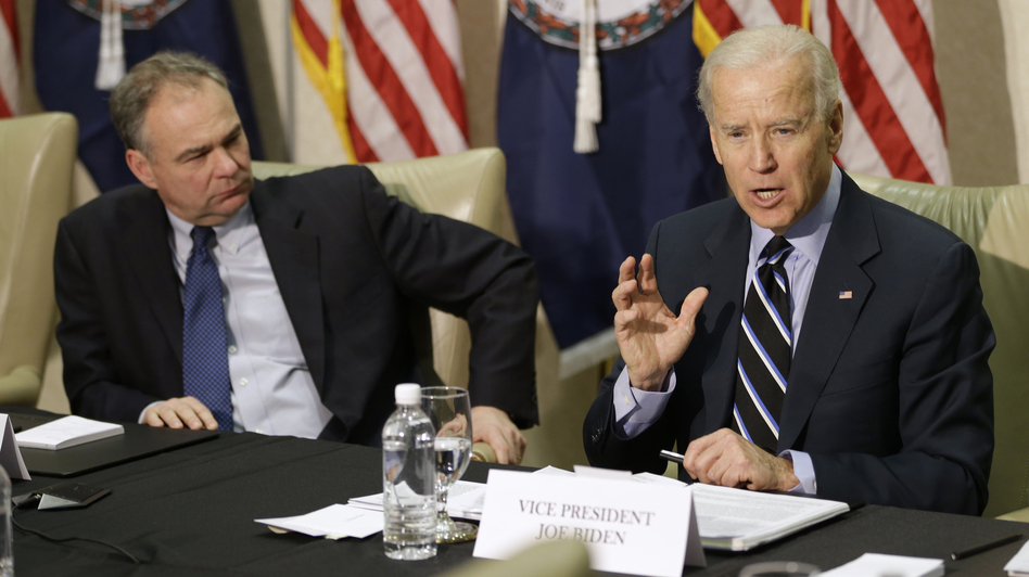 Vice President Joe Biden participates in a round-table discussion on gun violence at Virginia Commonwealth University with Sen. Tim Kaine, D-Va., on Friday. The panelists included people who worked on gun safety after the 2007 Virginia Tech shooting.