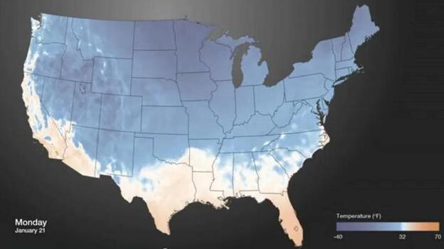 An image from the animated look at how cold air has spread over the nation. (NOAAVisualizations)