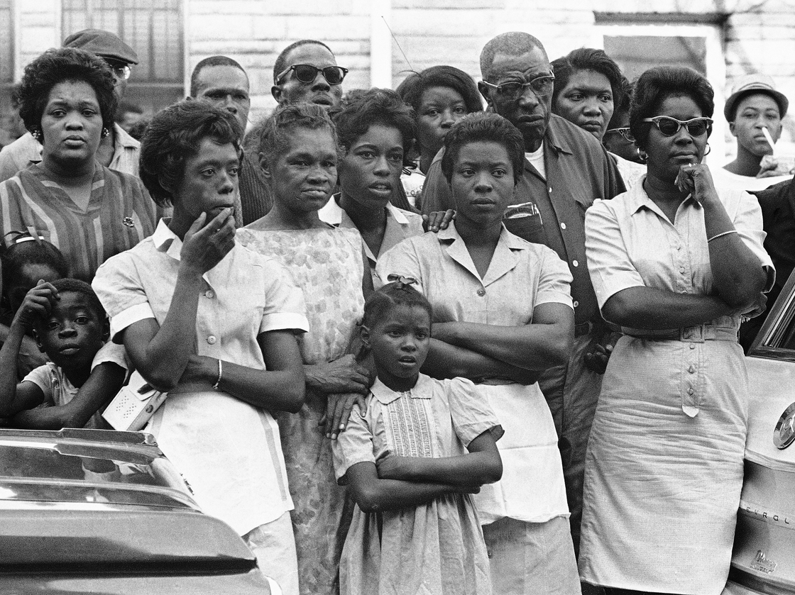 Mourners outside funeral services for Carol Robertson, one of four girls killed in the 1963 bombing.
