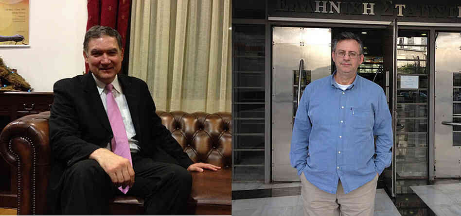 Andreas Georgiou (left) is the technocrat charged with running the Greek statistics office. Konstantinos Skordas (right) sits on a governing board for the statistics office Andreas Georgiou (left) is the technocrat charged with running the Greek statistics office. Konstantinos Skordas (right) sits on a governing board for the statistics office