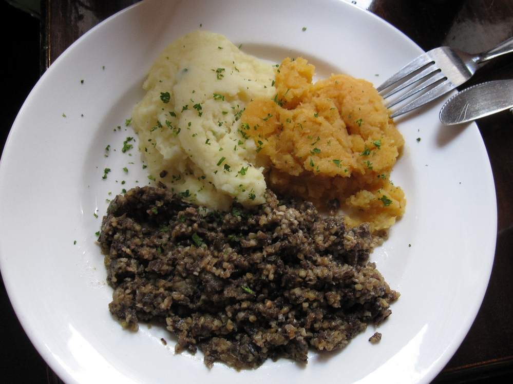 Haggis is traditionally served with mashed neeps and tatties, or turnips and potatoes. Haggis is traditionally served with mashed neeps and tatties, or turnips and potatoes.
