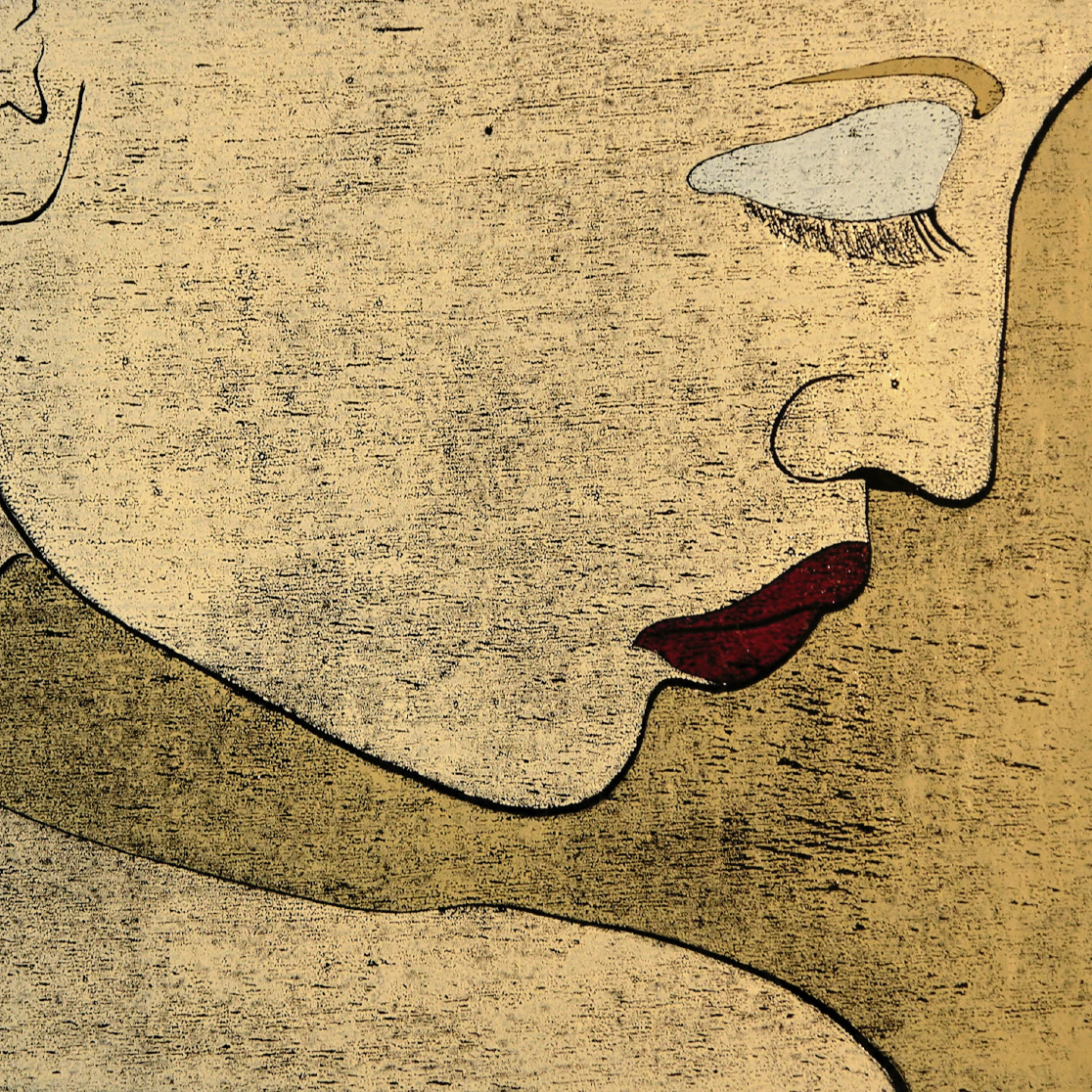 woodcut portrait of a woman in profile