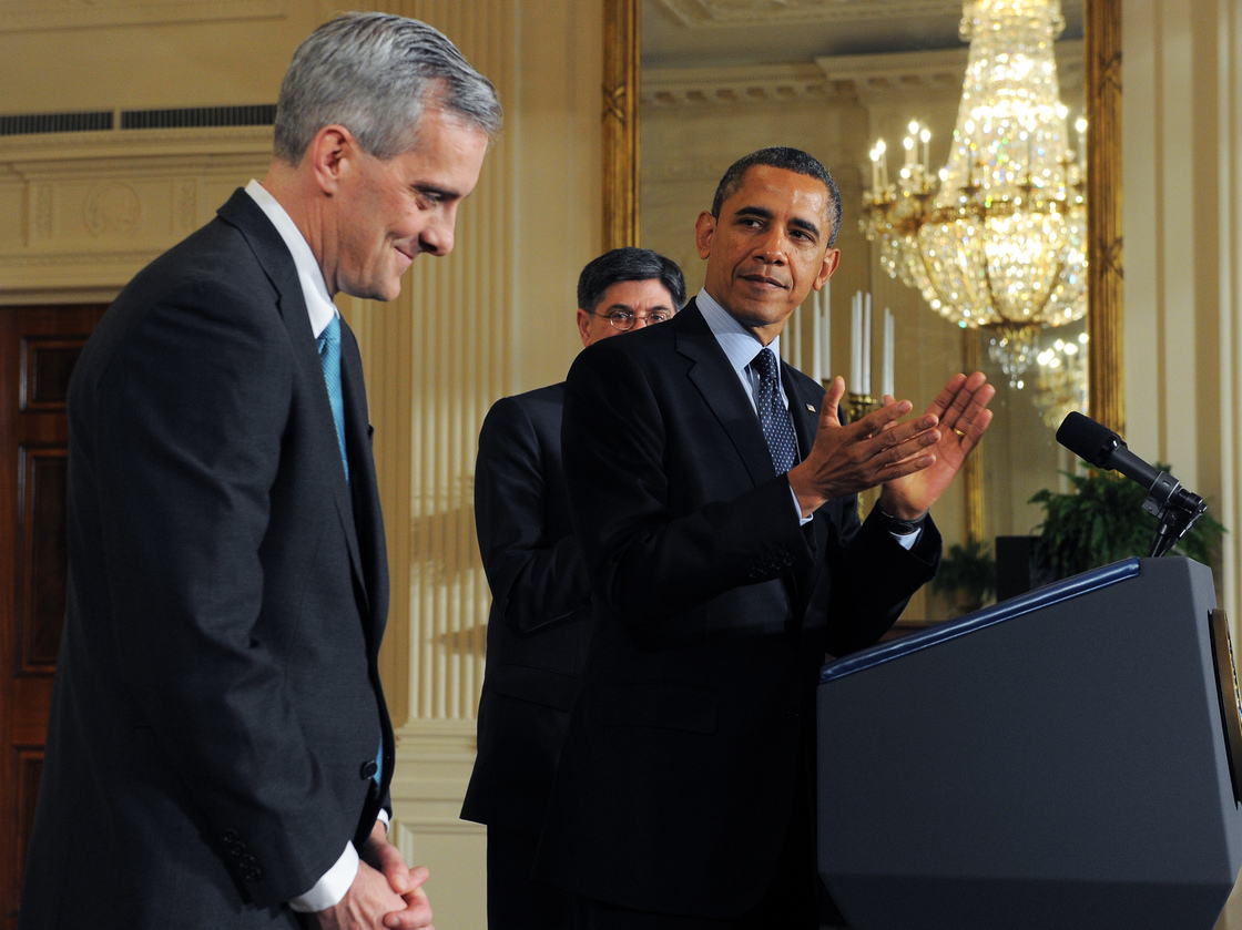 New White House Chief of Staff Denis McDonough (left), at Friday's announcement. Behind the president: outgoing Chief of Staff Jacob "Jack" Lew, who has been nominated to be Treasury secretary.
