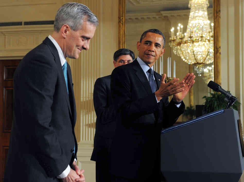 New White House Chief of Staff Denis McDonough (left), at Friday's announcement. Behind the president: outgoing Chief of Staff Jacob "Jack" Lew, who has been nominated to be Treasury secretary.