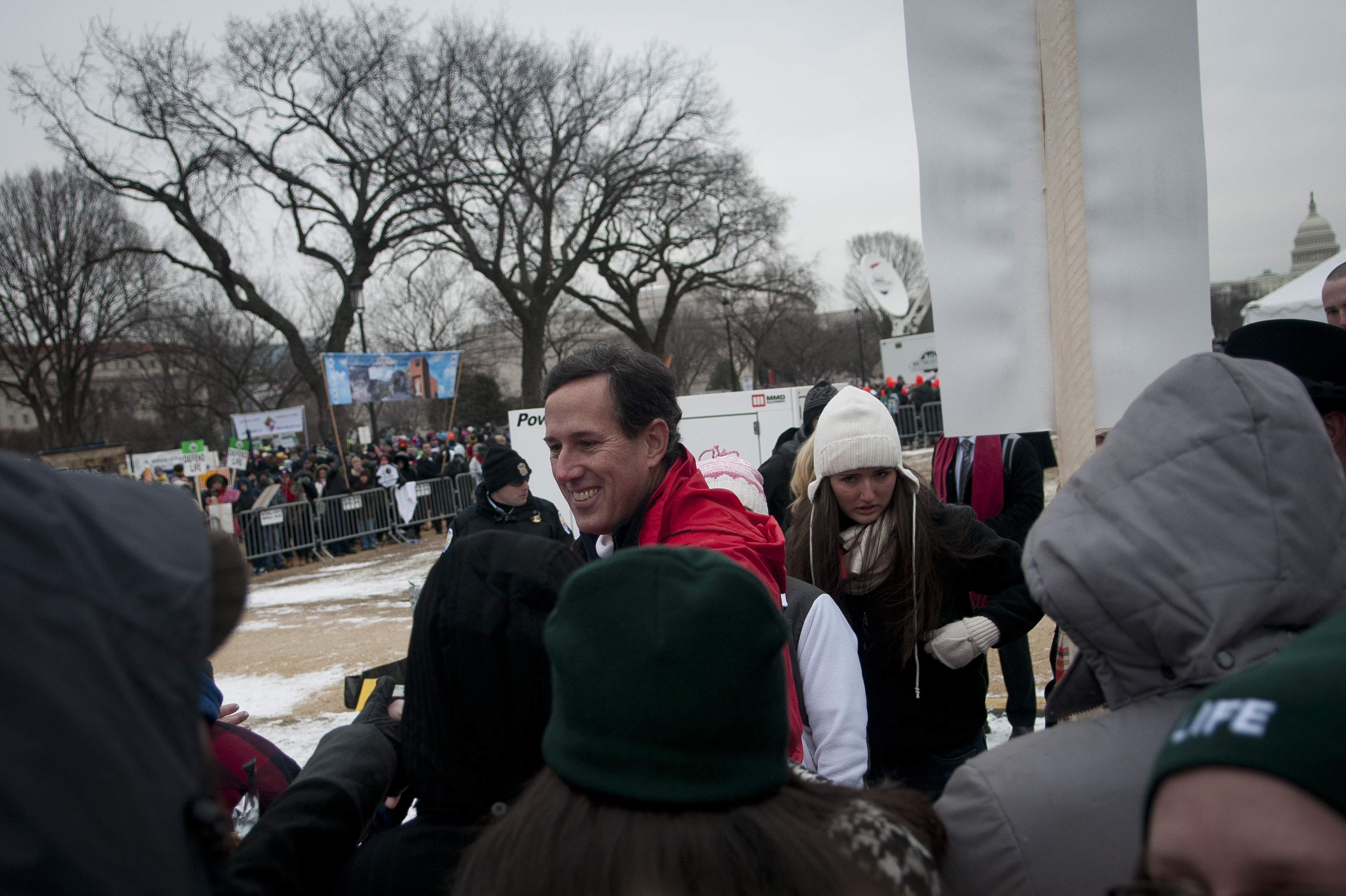 Former GOP presidential contender Rick Santorum greets participants after speaking to a crowd of anti-abortion activists during today's March for Life rally.