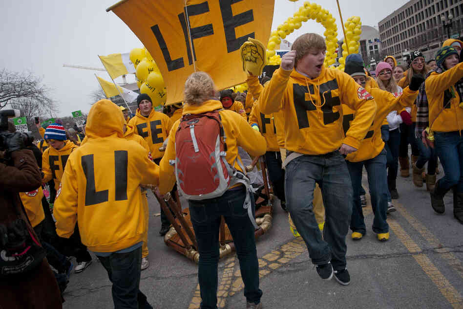 Members of the St. John Cantius Parish of Chicago march toward the US Capitol in Washington, during today's March for Life rally.