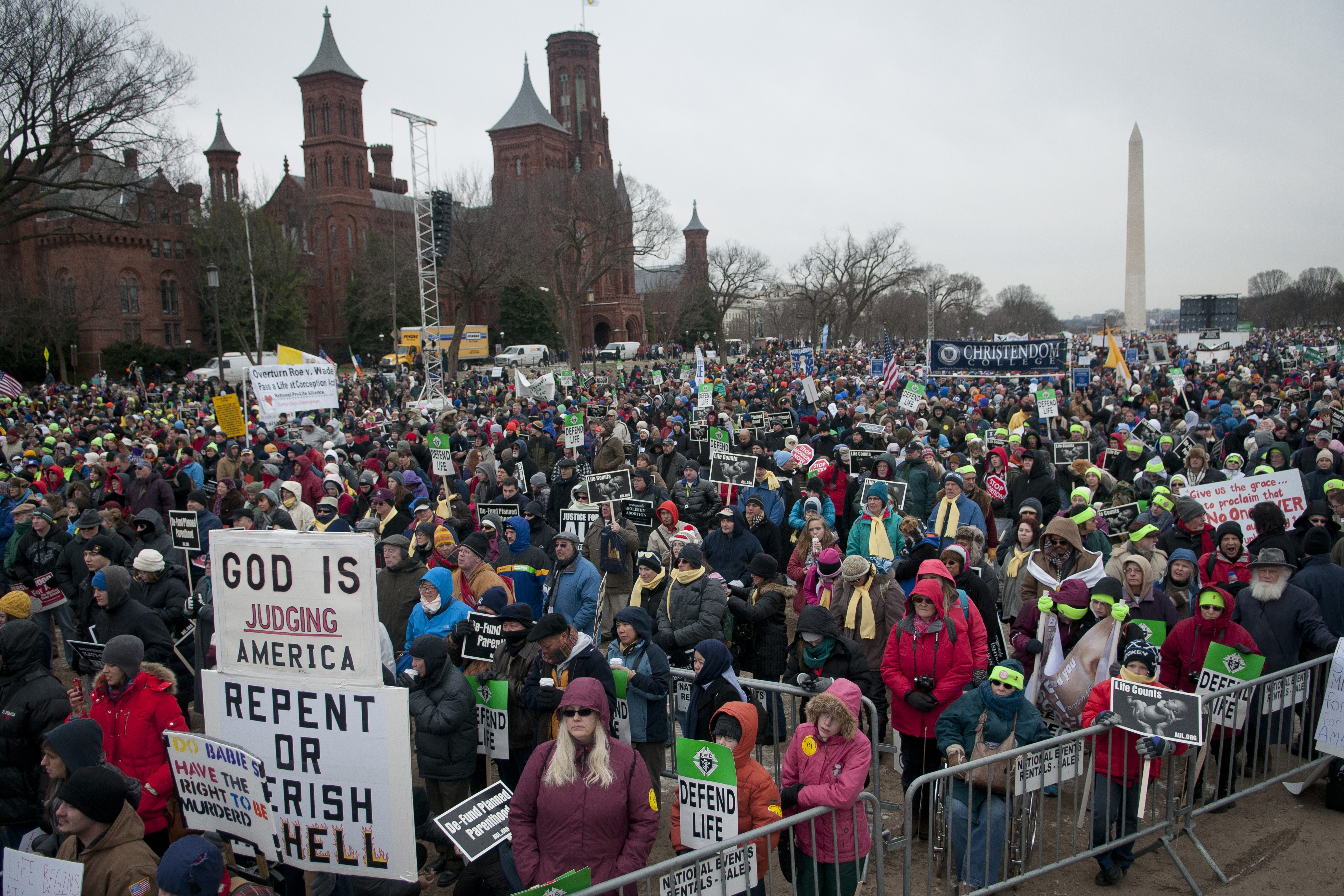 Participants braved wind and snow flurries to gather at the March for Life rally.