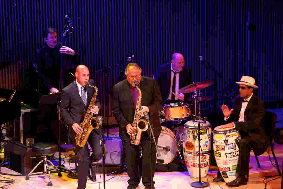Saxophonist Joe Lovano (center) played his piece "Blackwell's Message" with fellow saxophonist Joshua Redman, bassist Matt Penman, drummer Jeff Ballard and conguero John Santos.