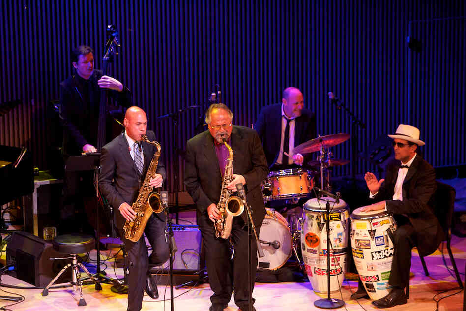 Saxophonist Joe Lovano (center) played his piece "Blackwell's Message" with fellow saxophonist Joshua Redman, bassist Matt Penman, drummer Jeff Ballard and conguero John Santos.