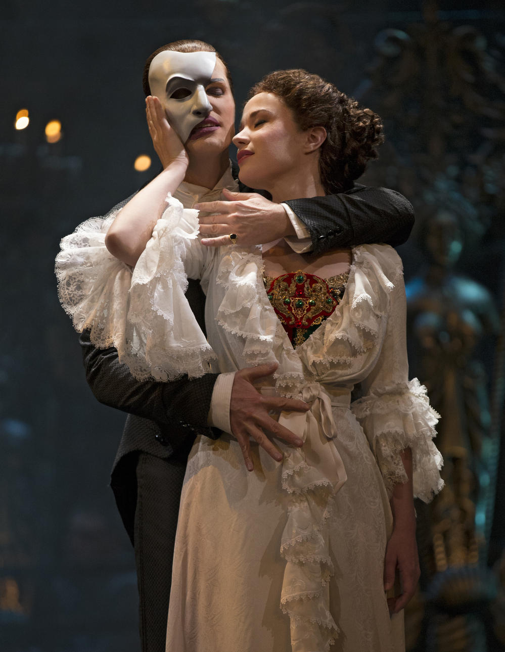 Hugh Panaro is The Phantom and Sierra Boggess is Christine in the 25th anniversary cast of The Phantom of the Opera on Broadway.