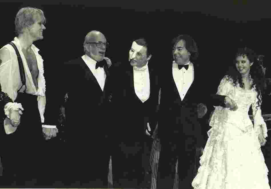 Opening night curtain call, Jan. 26, 1988, features Steve Barton (Raoul), Harold Prince, Michael Crawford (The Phantom), Andrew Lloyd Webber and Sarah Brightman (Christine). Opening night curtain call, Jan. 26, 1988, features Steve Barton (Raoul), Harold Prince, Michael Crawford (The Phantom), Andrew Lloyd Webber and Sarah Brightman (Christine).