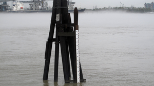 The Mississippi River is flowing at near normal levels again in New Orleans, as measured by this old-fashioned staff gauge behind the U.S. Army Corps of Engineers New Orleans District office. The Corps has been fighting saltwater encroaching up the mouth of the Mississippi because of the persistent drought.