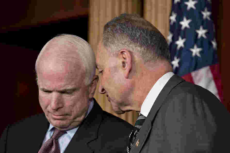 Sens. John McCain, R-Ariz., and Charles Schumer, D-N.Y., are closer on the immigration issue than McCain is to many in his party. They were among the eight senators who announced the framework for a bipartisan immigration overhaul on Monday.