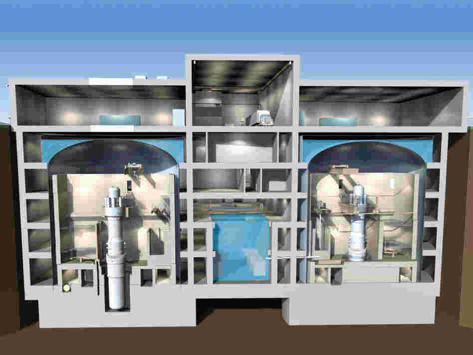 A cutaway rendering of Babcock & Wilcox's mPower reactor. The vertical tubes are the nuclear reactor chambers.