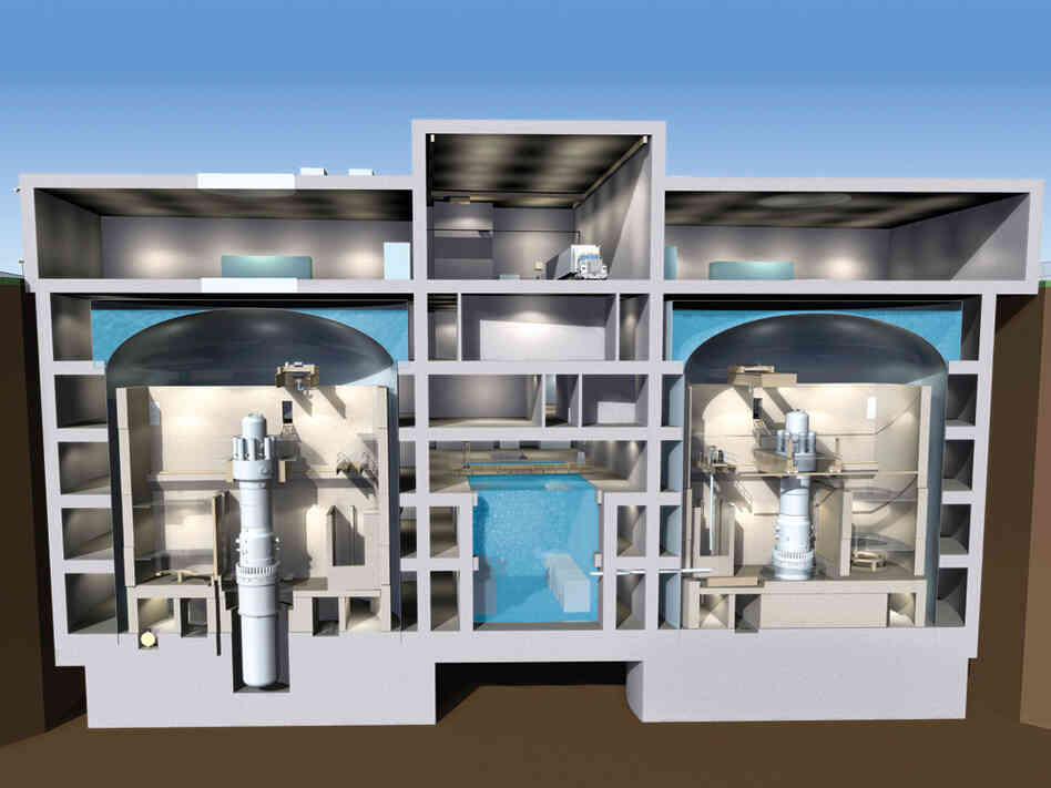 A cutaway rendering of Babcock & Wilcox's mPower reactor. The vertical tubes are the nuclear reactor chambers.