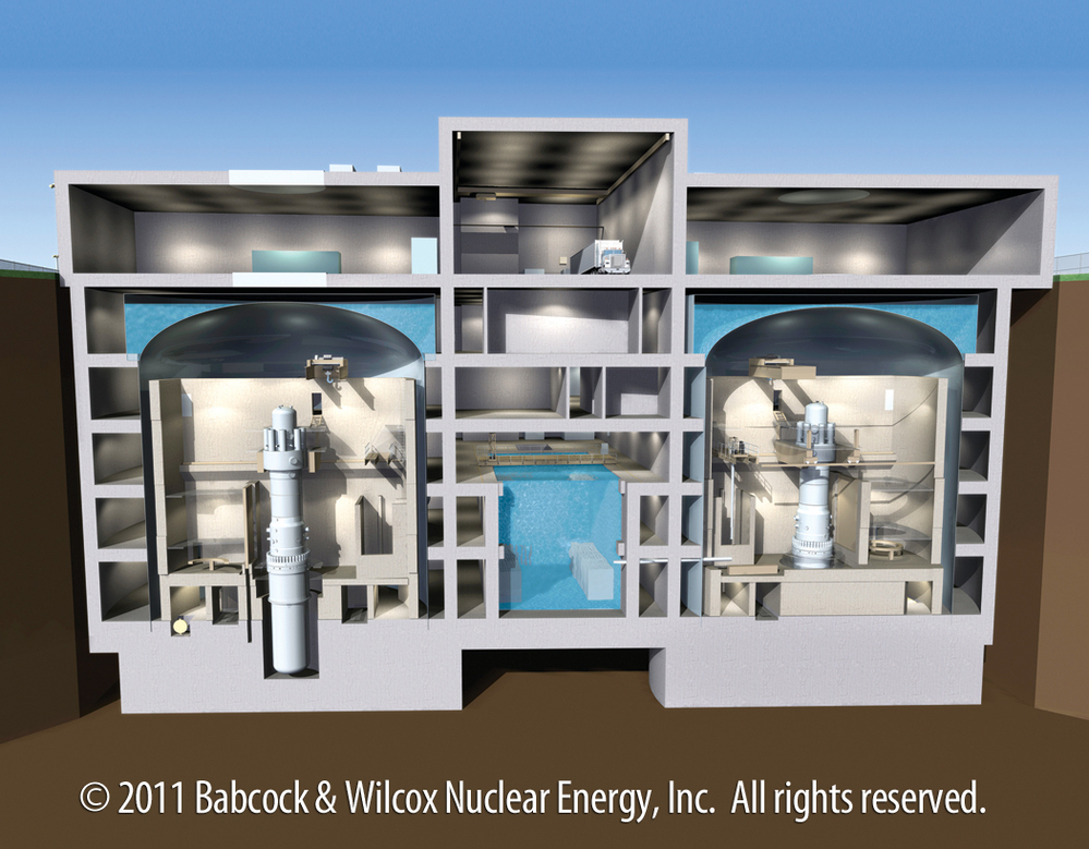 A cutaway rendering of Babcock & Wilcox's mPower reactor. The vertical tubes are the nuclear reactor chambers.