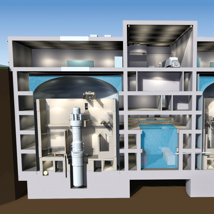 A cutaway rendering of Babcock &amp; Wilcox's mPower reactor. The vertical tubes are the nuclear reactor chambers.