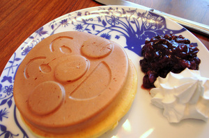 Food imitates art imitating food: a pancake shaped to resemble Anpanman's sweet roll head.