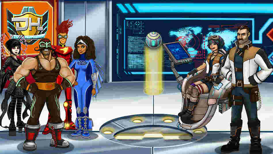 In Disaster Hero, disaster specialist Dante Shields (far right) and his sidekick Mika (seated) guide players through games about emergency preparedness.