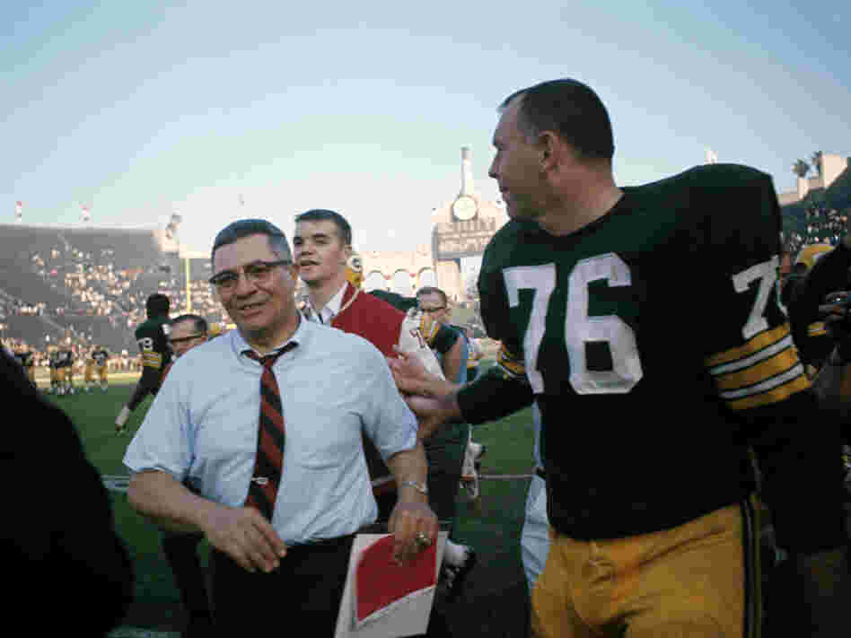 Victorious Green Bay Packers head coach Vince Lombardi with Bob Skoronski after winning Super Bowl I, 35-10, against the Kansas City Chiefs at Los Angeles Memorial Coliseum on Jan. 15, 1967.