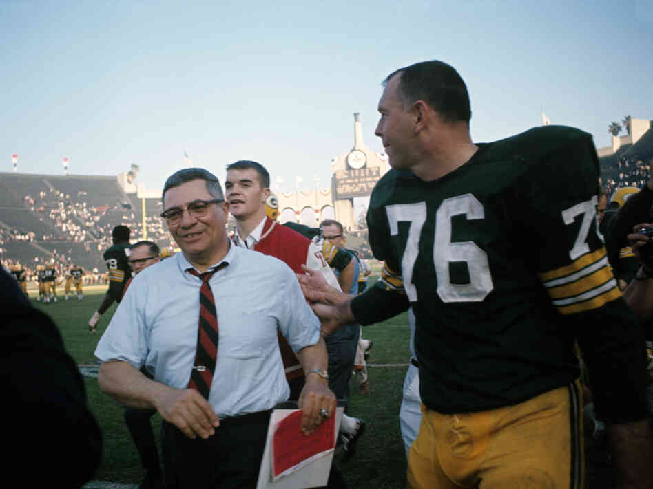 Victorious Green Bay Packers head coach Vince Lombardi with Bob Skoronski after winning Super Bowl I, 35-10, against the Kansas City Chiefs at Los Angeles Memorial Coliseum on Jan. 15, 1967.