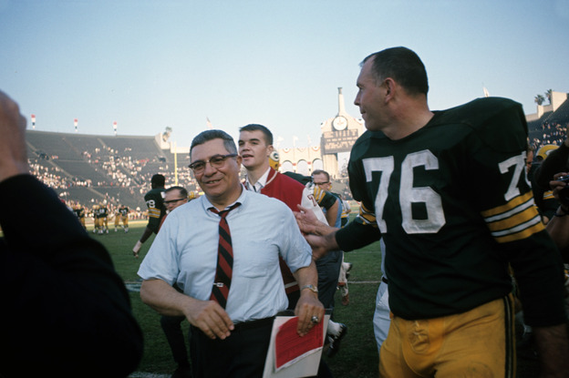 Victorious Green Bay Packers head coach Vince Lombardi with Bob Skoronski after winning Super Bowl I, 35-10, against the Kansas City Chiefs at Los Angeles Memorial Coliseum on Jan. 15, 1967.
