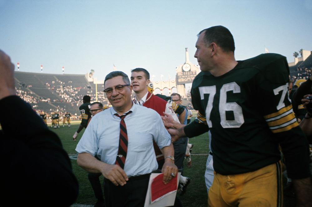 Victorious Green Bay Packers head coach Vince Lombardi with Bob Skoronski after winning Super Bowl I, 35-10, against the Kansas City Chiefs at Los Angeles Memorial Coliseum on Jan. 15, 1967.