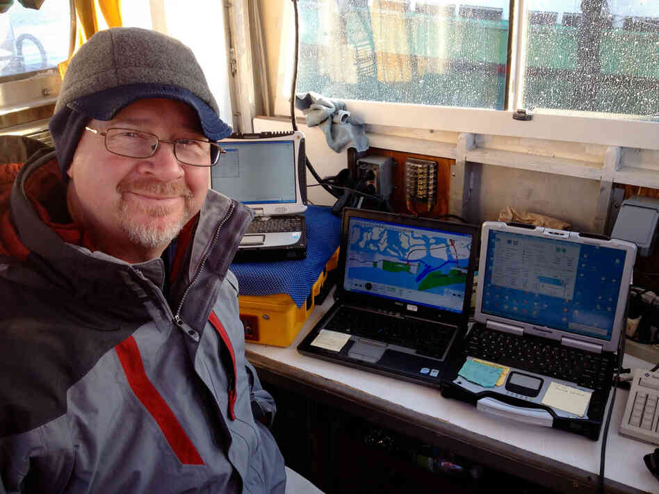 John Goff supervises the sonar mapping of the seafloor along the south shore of Long Island. The scientists are trying to track down where Sandy deposited sediment and sand from the barrier islands from the beaches. John Goff supervises the sonar mapping of the seafloor along the south shore of Long Island. The scientists are trying to track down where Sandy deposited sediment and sand from the barrier islands from the beaches.