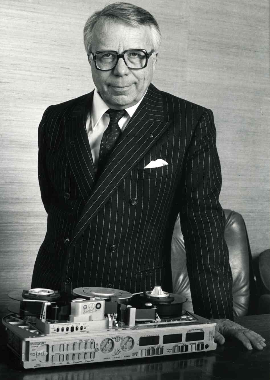 Stefan Kudelski poses with the Ampex-Nagra VPR-5 portable recorder in an undated photograph. The devices were used to record the 1986 FIFA World Cup in Mexico.
