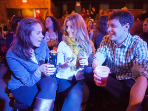 Ask Me Another audience members enjoy some potent potables from The Bell House's esteemed bartenders. Ask Me Another audience members enjoy some potent potables from The Bell House's esteemed bartenders.