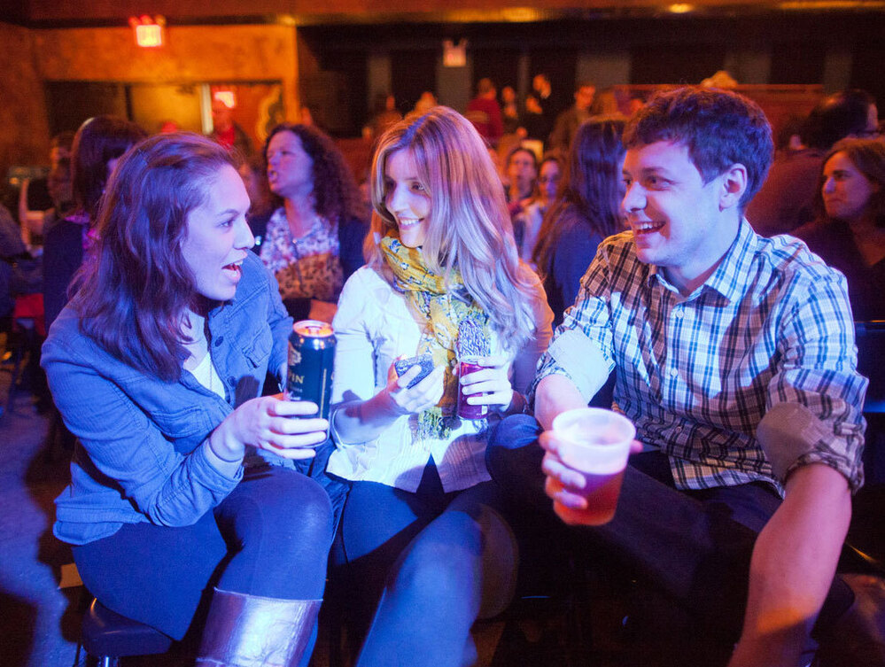 Ask Me Another audience members enjoy some potent potables from The Bell House's esteemed bartenders. Ask Me Another audience members enjoy some potent potables from The Bell House's esteemed bartenders.