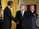 President Obama shakes hands with his nominee to head the Defense Department, former Sen. Chuck Hagel, at the White House on Jan. 7. John Brennan, Obama's choice for director of the CIA, looks on. President Obama shakes hands with his nominee to head the Defense Department, former Sen. Chuck Hagel, at the White House on Jan. 7. John Brennan, Obama's choice for director of the CIA, looks on.