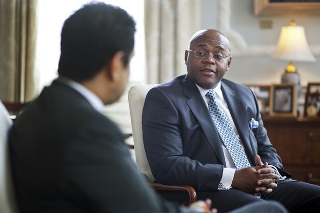 This undated photo released by the Massachusetts Governor's office shows William "Mo" Cowan, right, former chief of staff for Gov. Deval Patrick.