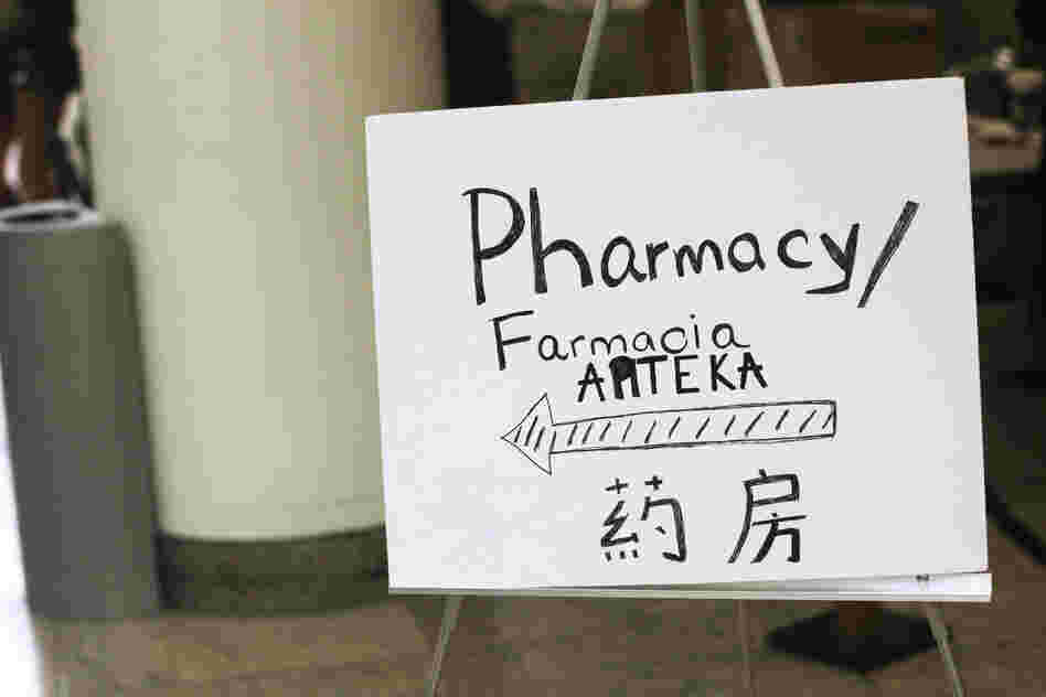 Many of Bellevue's outpatient services are working, but not the pharmacy. A makeshift one has been set up, with patients lining up in the main hospital atrium to fill prescriptions.