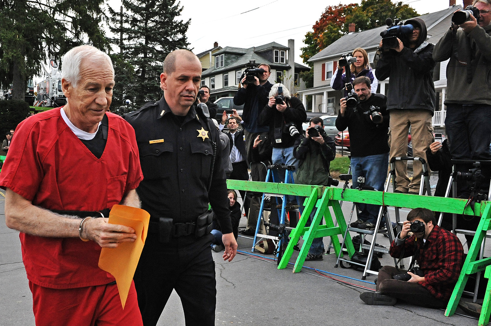 Former Penn State assistant football coach Jerry Sandusky as he walked into his sentencing hearing in October.