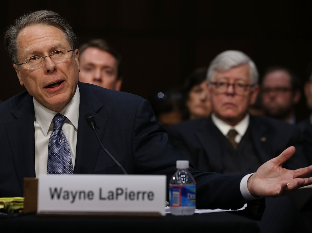 Wayne LaPierre, executive vice president and CEO of the National Rifle Association, testifies while NRA President David Keene listens during a Senate Judiciary Committee hearing on gun violence Wednesday.