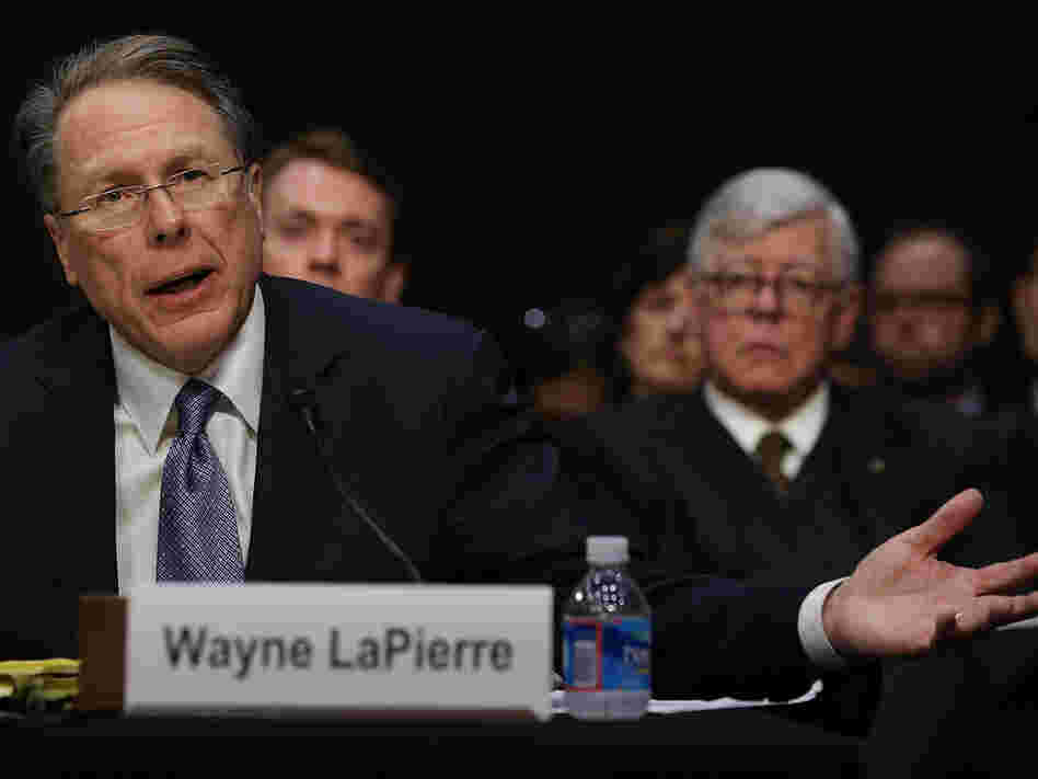 Wayne LaPierre, executive vice president and CEO of the National Rifle Association, testifies while NRA President David Keene listens during a Senate Judiciary Committee hearing on gun violence Wednesday.