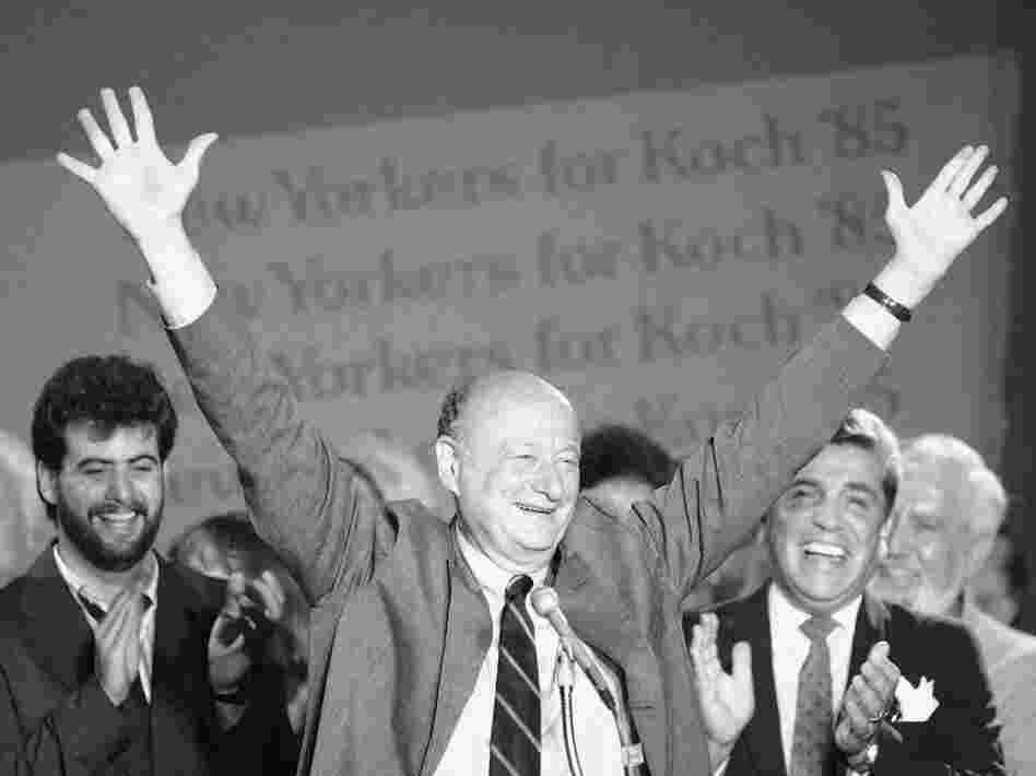 New York Mayor Ed Koch raises his arms in victory on Sept. 11, 1985, after winning the Democratic primary in his bid for a third four-year term.