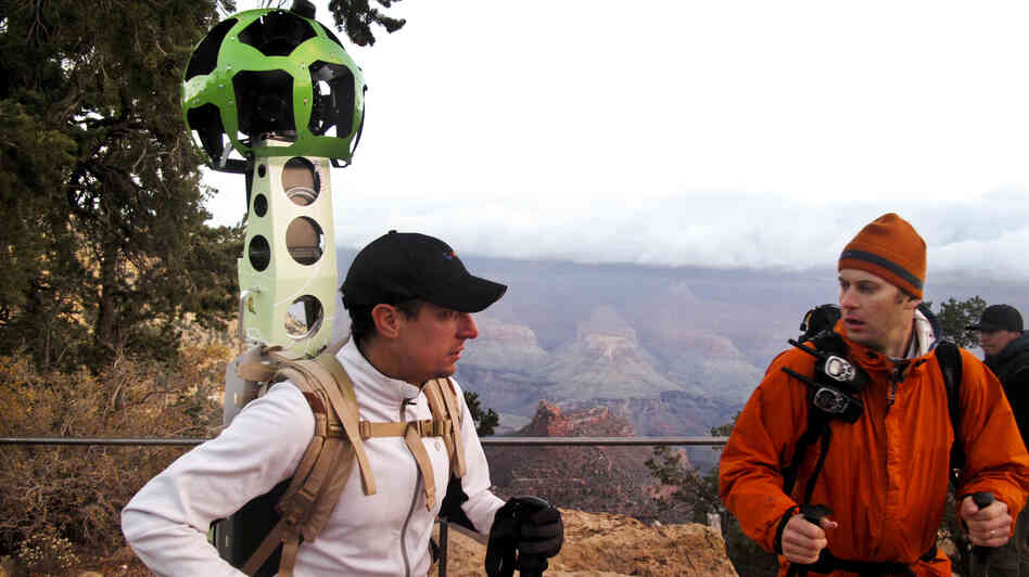 Google's Craig Robinson and James Hoffacker prepare to hike into the Grand Canyon. Robinson is wearing the new Google Trekker — a Street View camera mounted to a backpack. The Trekker's two lithium ion batteries can last eight hours and power 15 cameras. The pack — designed and built by Google — weighs 40 pounds.