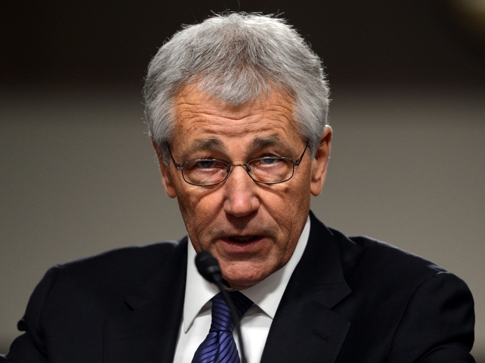 Former Sen. Chuck Hagel, R-Neb., during his Senate nomination hearing earlier today.