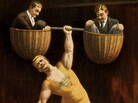 Sandow lifts the human dumbell. Sandow lifts the human dumbell.